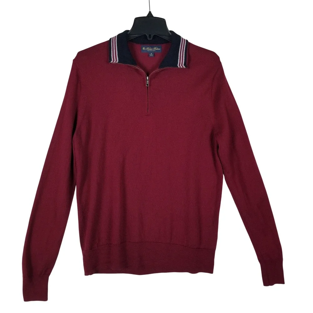 Brooks Brothers Quarter Zip Sweater Mens M Burgundy Merino Wool Striped Collar